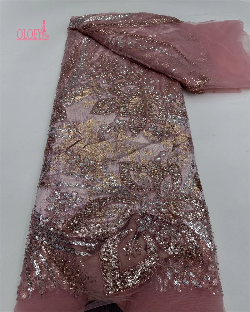 

OLOEY High Quality African Nigeria Sequins Tulle Lace Fabric Embroidery Wedding Party Guipure Dress Beads Stone