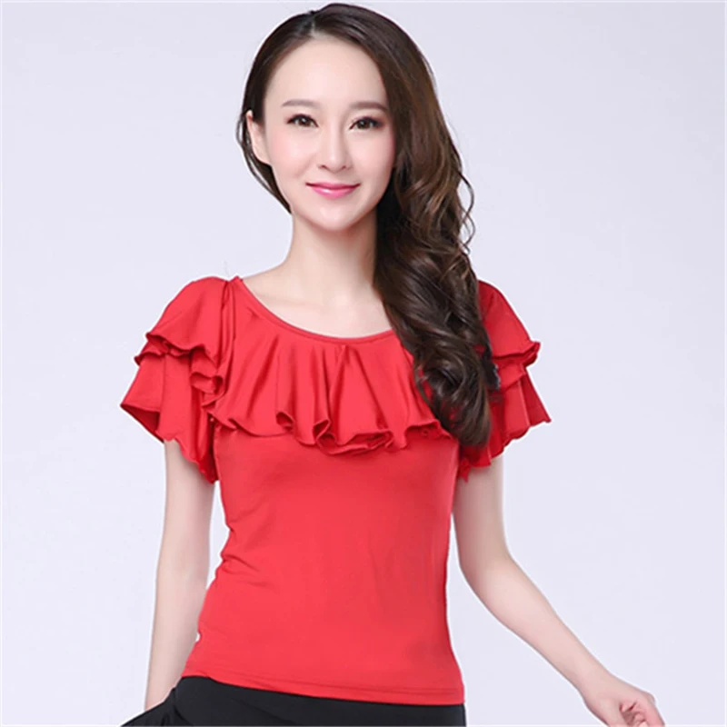 Latin Dance Ballroom Dance Shirt Active wear Top Rüschen reine Farbe Frauen Leistung Kurzarm Milch faser Bluse Kleidung