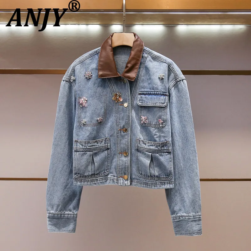 ANJY Spring Autumn New Women High-end Embroidered Flares Design Patchwork Leather Denim Jacket Vintage Elegant Niche Coat A28526