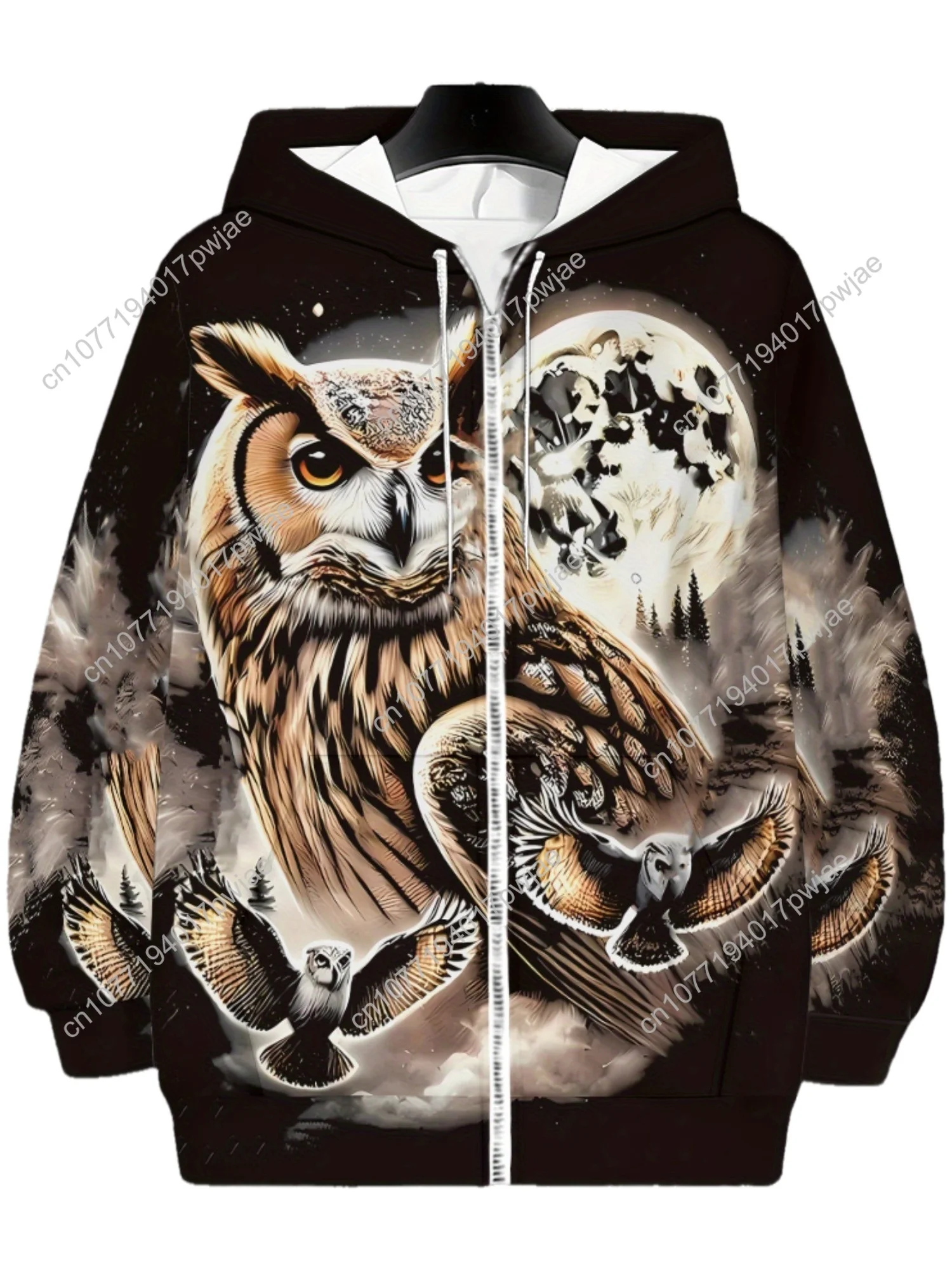 Abbigliamento sportivo da uomo con cappuccio a maniche lunghe con cerniera Felpa con cappuccio con stampa gufo per abbigliamento da soggiorno, tessuto morbido in poliestere, Sw leggero e resistente