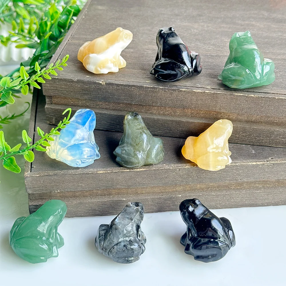 1 Miniature Animal Carved Frog Natural Crystal Statue Yellow calcite，Black obsidian，Green adventure，Larvikite，Labradorite,Blue o