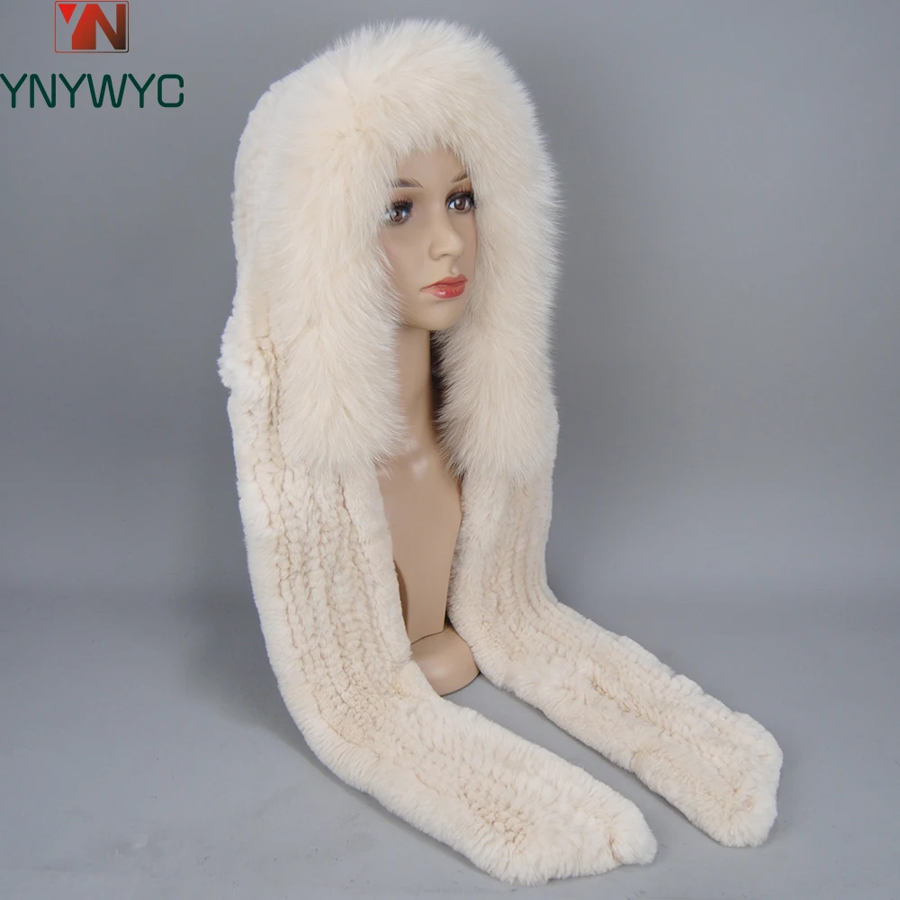 Lady Warm Fluffy Real Rex Rabbit Fur Hat Scarf Luxury Knit Fur Caps Muffler Winter Thick Women 100% Natural Fox Fur Hat Scarves