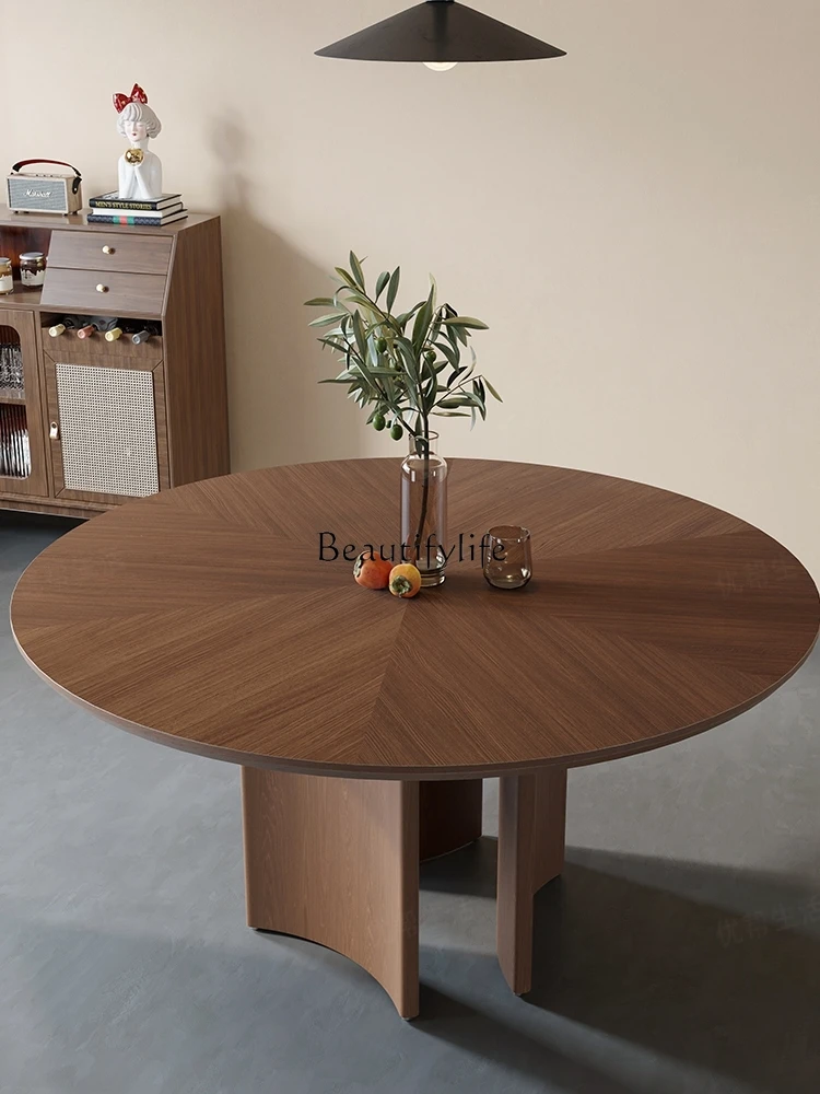 

Modern light luxury solid wood dining table with turntable simple walnut color large round table