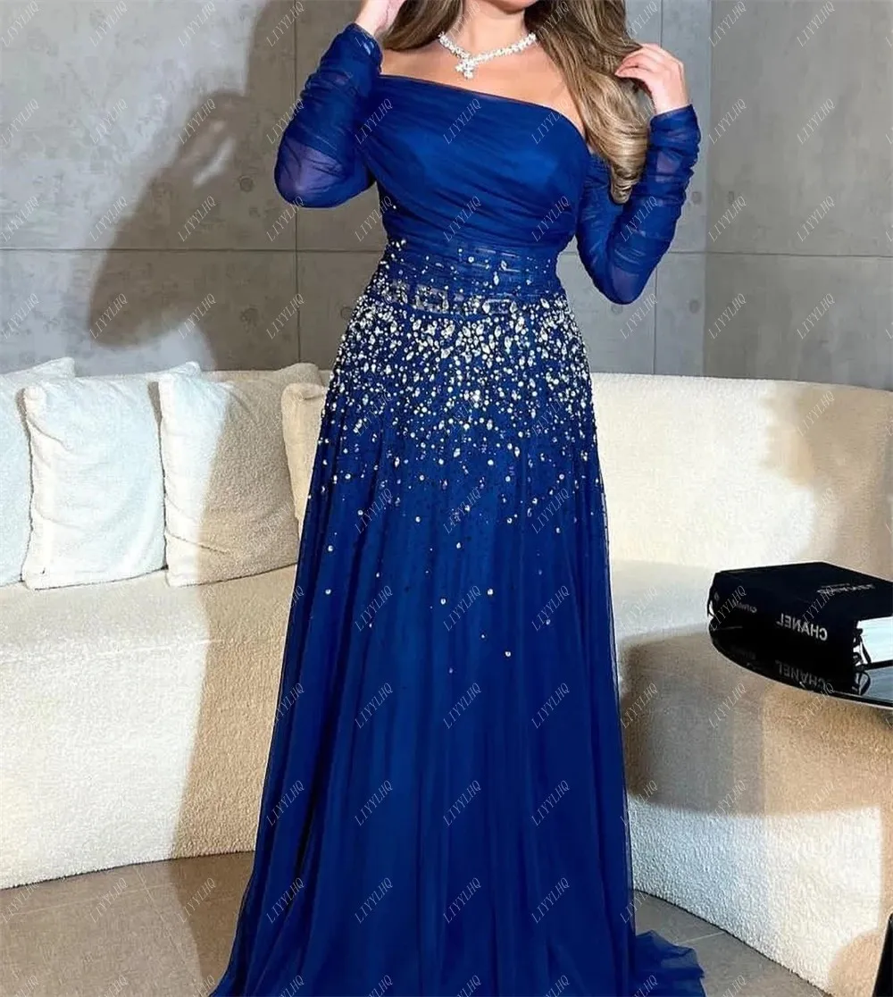 LIYYLHQ Elegant Dark Blue Prom Dresses Long Sleeves A-line Sexy Beading For Evening Party Gowns Robes De Soirée