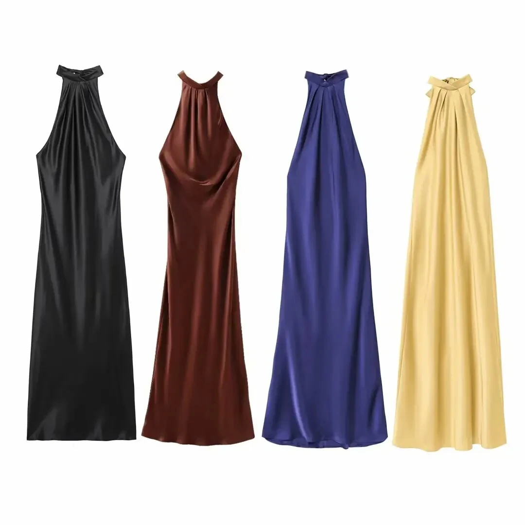 Hh feminino verão elegante cetim halter midi vestido sem mangas fora do ombro sem costas rendas até sólido festa de noite vestidos sexy