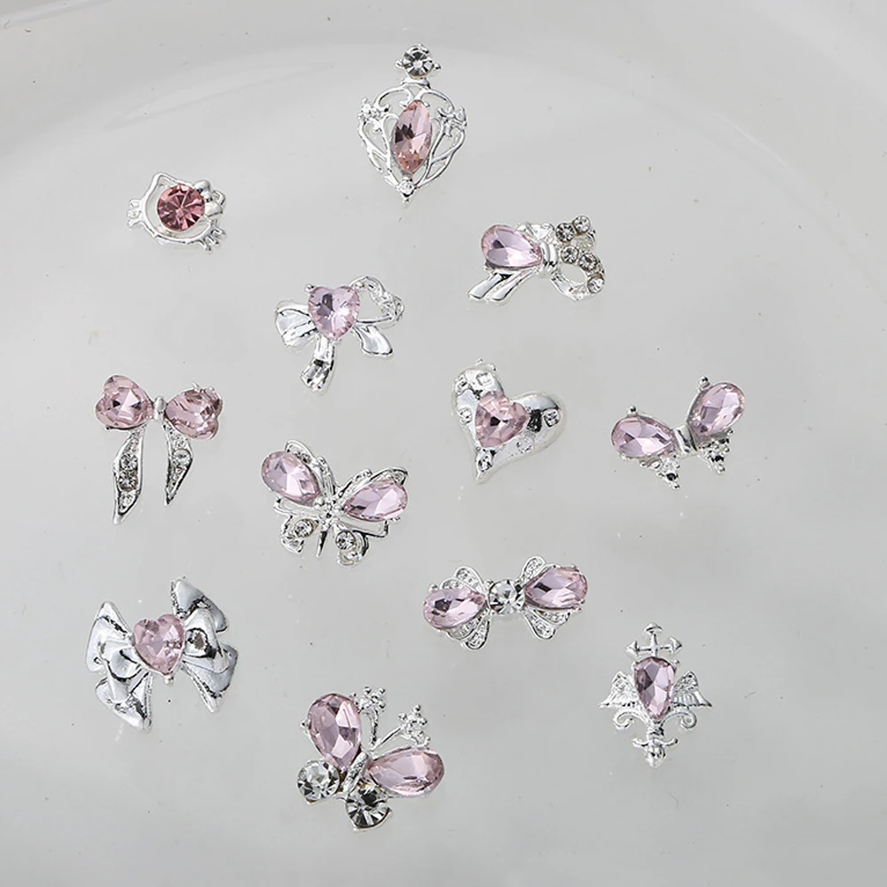 10pcs Pink Zircon Nail Art Charm 3D Hollow Butterfly Heart Ribbon with Pink Crystal Nail Decoration DIY Kawaii Nail Accessories