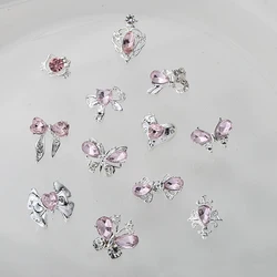 10pcs Pink Zircon Nail Art Charm 3D Hollow Butterfly Heart Ribbon with Pink Crystal Nail Decoration DIY Kawaii Nail Accessories
