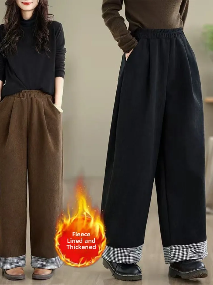 กางเกงขายาวทรงตรงเอวสูงผ้าทวีตลายสก็อตสำหรับผู้หญิงใส่สบายในฤดูหนาว