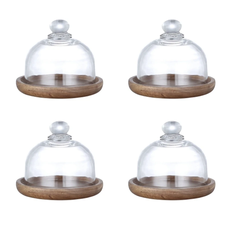 Multifunctional Mini Dessert Serving Stand Acacia Cake Dish With Dome Lid Platter Cake Plate For Home Hotels(4Pcs)