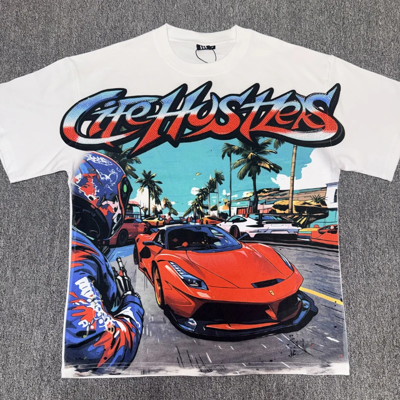 Quality Real Photos Tee Top Multi-color Logo Hot Pressed Diamond Sports Car Pattern Men Women Casual Loose Life Hustlers T-shirt