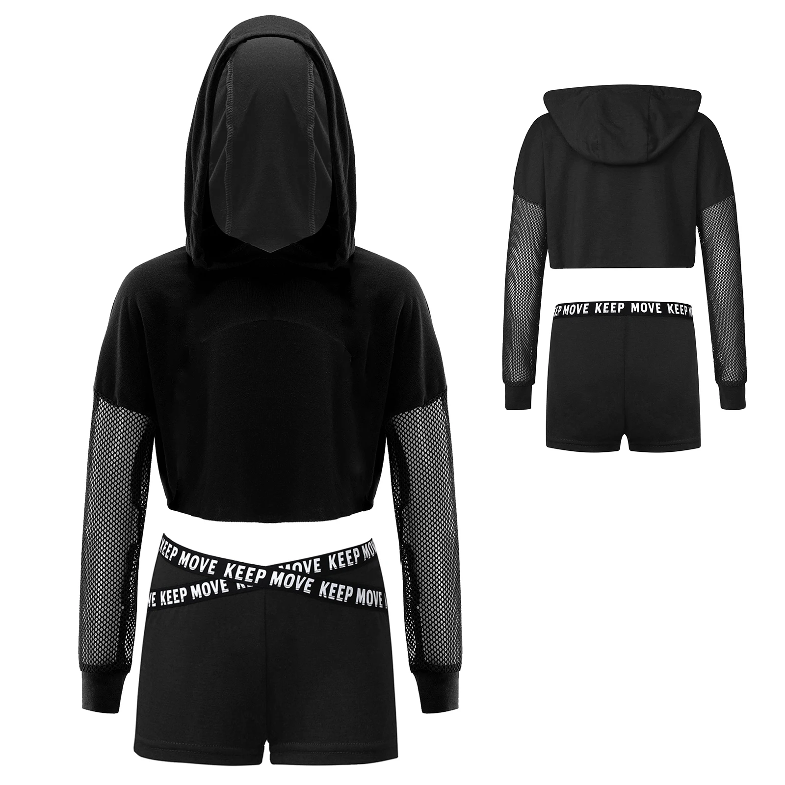 Bambini Ragazze 3 pezzi Vestito da ballo di strada Tuta sportiva Crop Top Felpa con pantaloncini da bottino Abiti hip-hop Set di abbigliamento sportivo