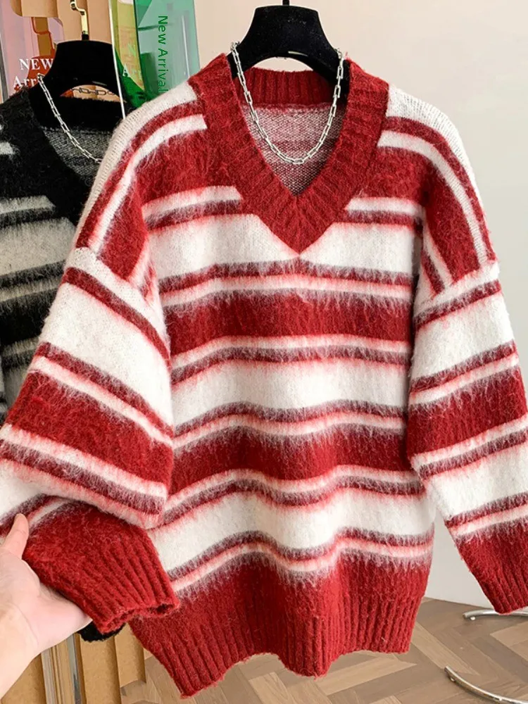 Luźny sweter damski z dekoltem w serek, w paski, z blokami kolorów, zimowy, casualowy, dzianinowy top, wygodny, miękki, średnio cienki, długi sweter