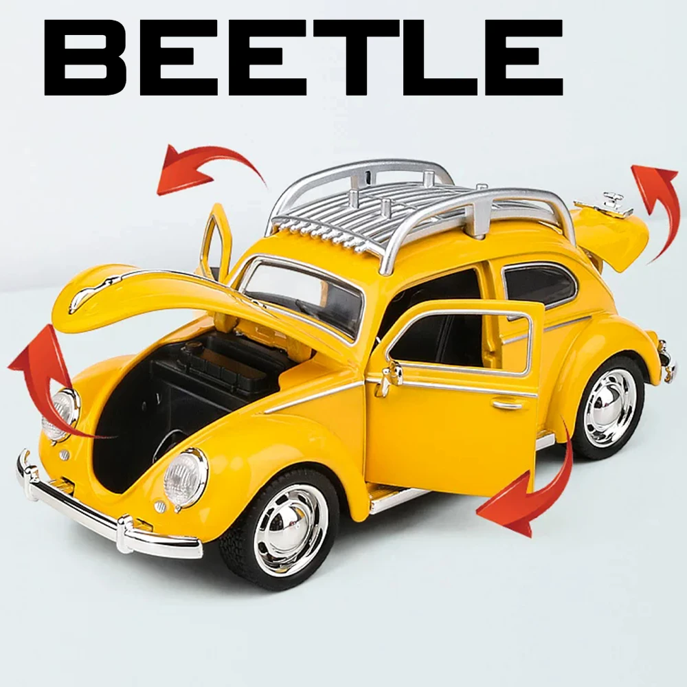 1:32 Scale Beetle Model Car Toy Rear Wheel Pull Back Doors Opened Toys Simulated Sound Light Vintage Cars Shelf Display Gift