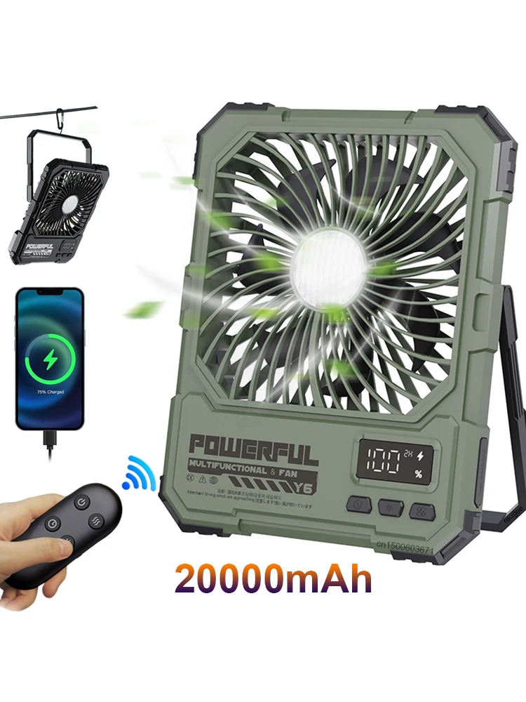 Tischventilator, 20000 mAh, wiederaufladbar, tragbar, faltbar, Tischventilator, Camping-Deckenventilator, Luftzirkulator mit Licht-Fernbedienung