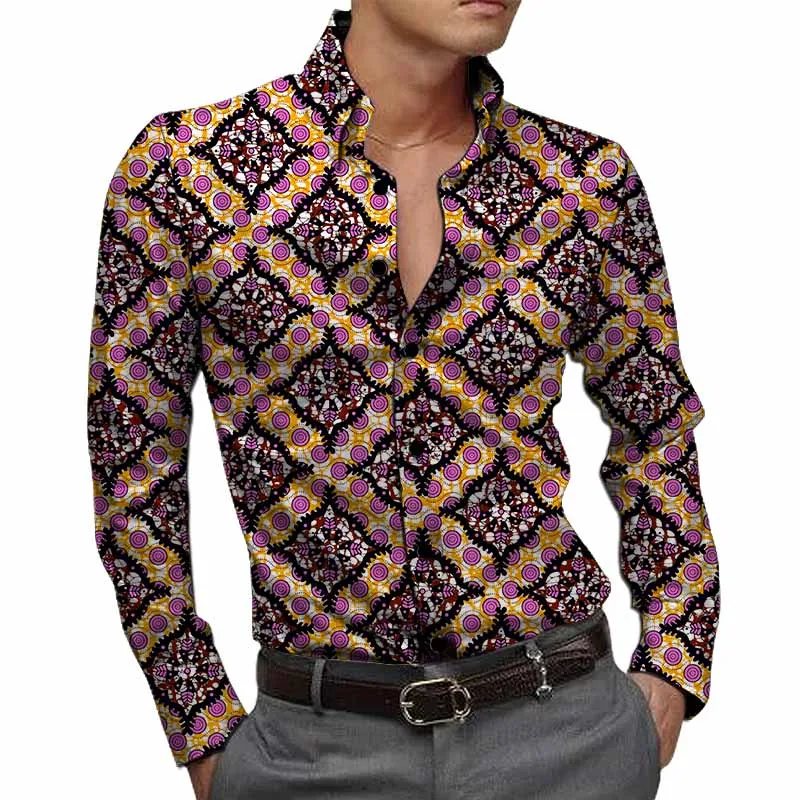 2024 African Fashion Men's Ankara Clothing Custom Made Dress Shirts Long Sleeved Groom Male Turn Down Collar Vintage Tops