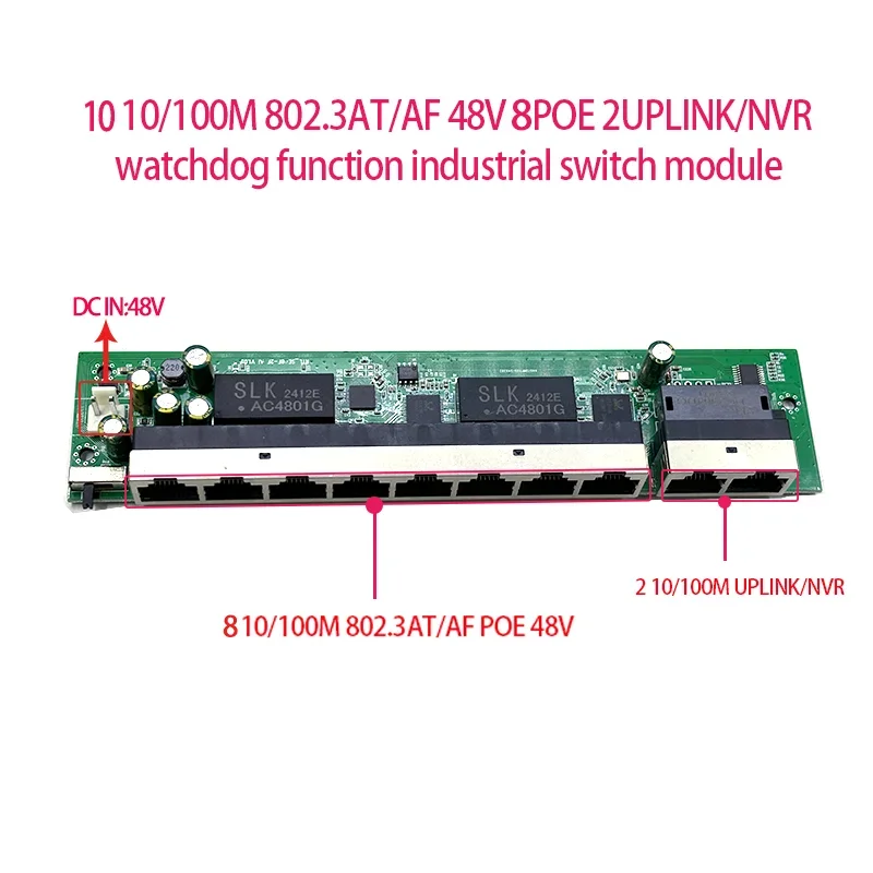 Standard protocol 802.3AF/AT  48V POE OUT/48V poe switch 100 mbps  8port POE with 2port uplink/NVR ; Watchdog function