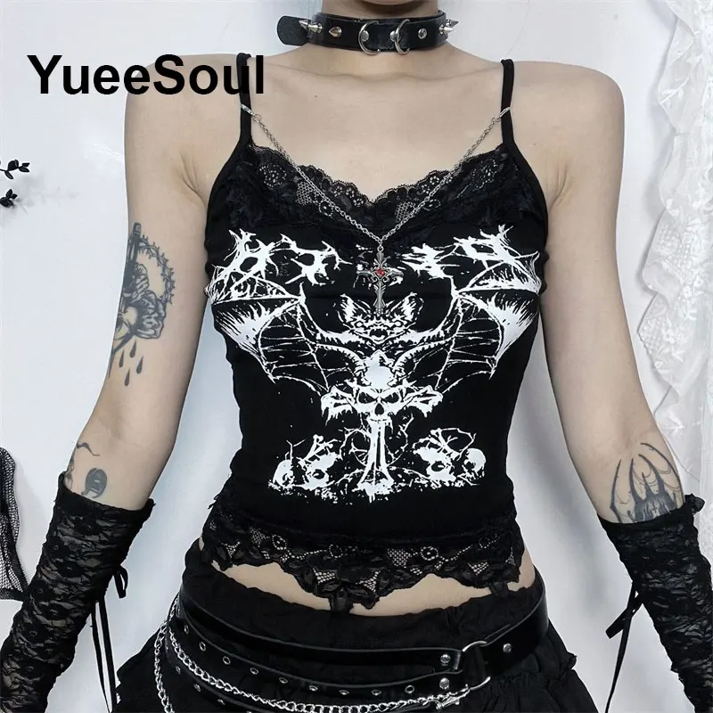 Gótico colheita topos preto cinta de espaguete malha magro espartilho topos 2024 novo goth punk grunge fada núcleo sexy y2k roupas de halloween