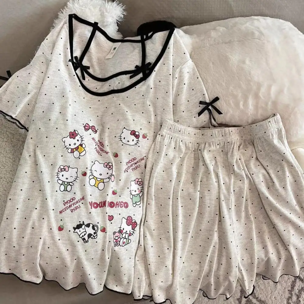 

Sanrio Hello Kitty женский летний хлопковый пижамный комплект с встроенным бюстгальтером, шорты с кружевной отделкой и круглым вырезом, удобная домашняя одежда
