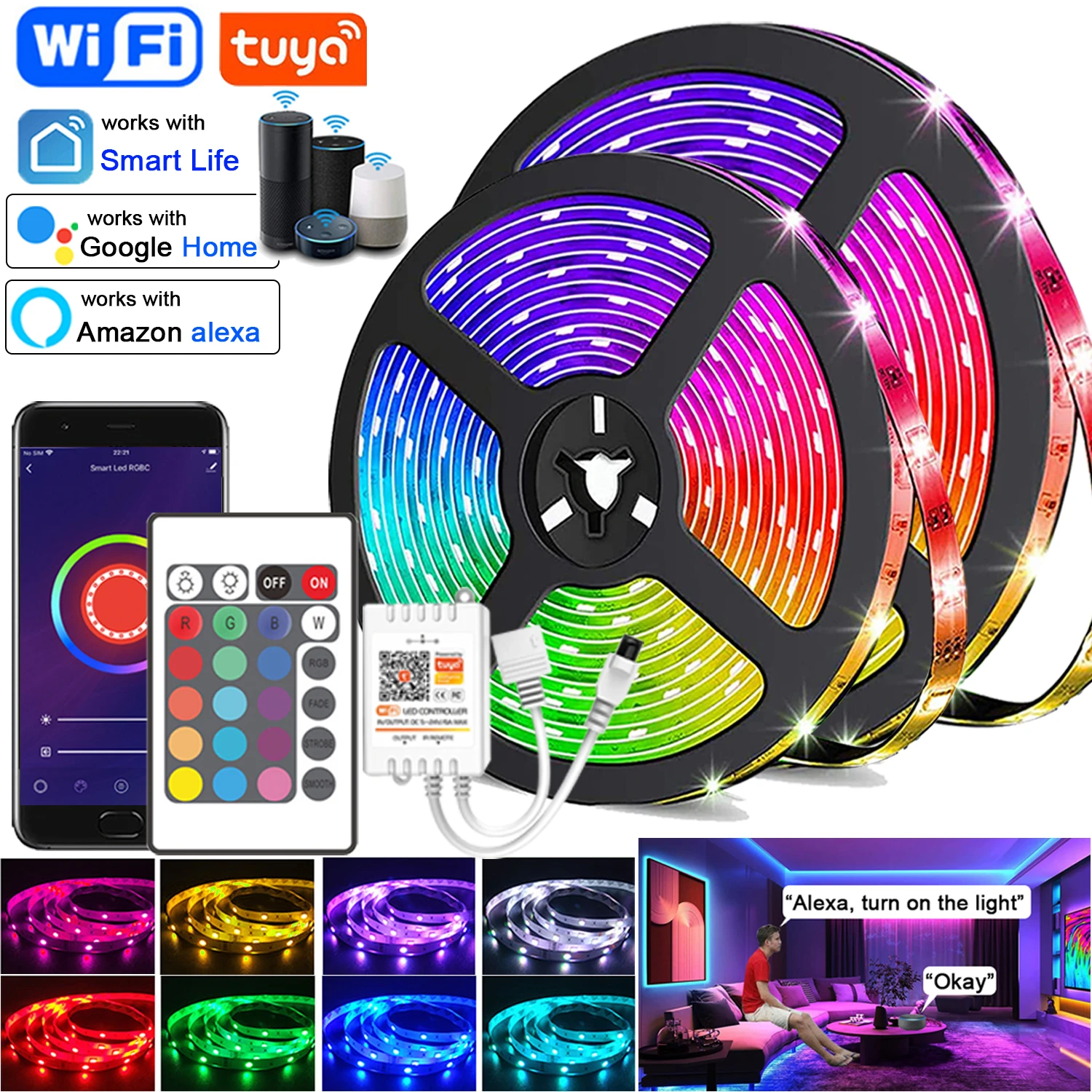 Wifi Led diody na wstążce taśma Led 5050 RGB, inteligentne oświetlenie Led z aplikacją Tuya, współpracuj z Alexa Google Home