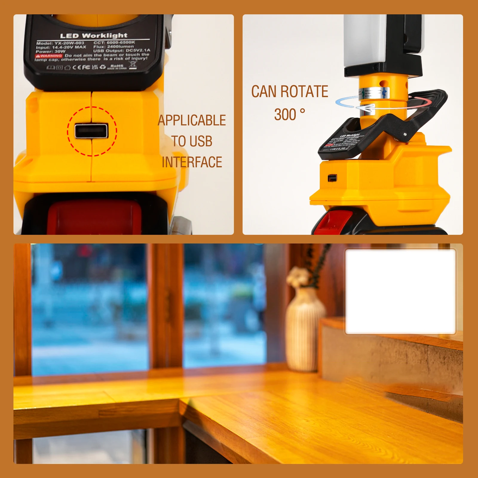 30W 2400LM lampada da lavoro a LED senza fili torcia da esterno portatile rotante a 270 gradi con porta USB adatta per batteria Dewalt 20V