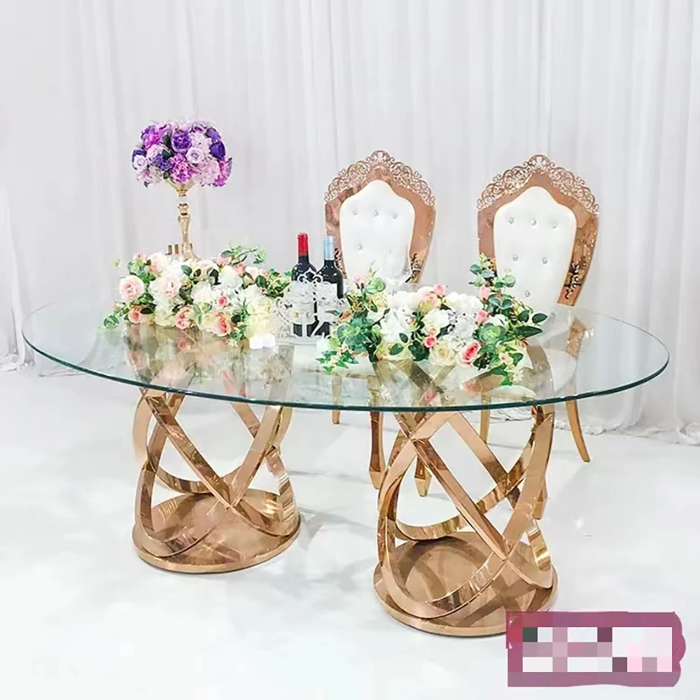 Round Stainless Steel Base Wedding Furniture Glass Dining Table Silver Metal Banquet Products Trendy