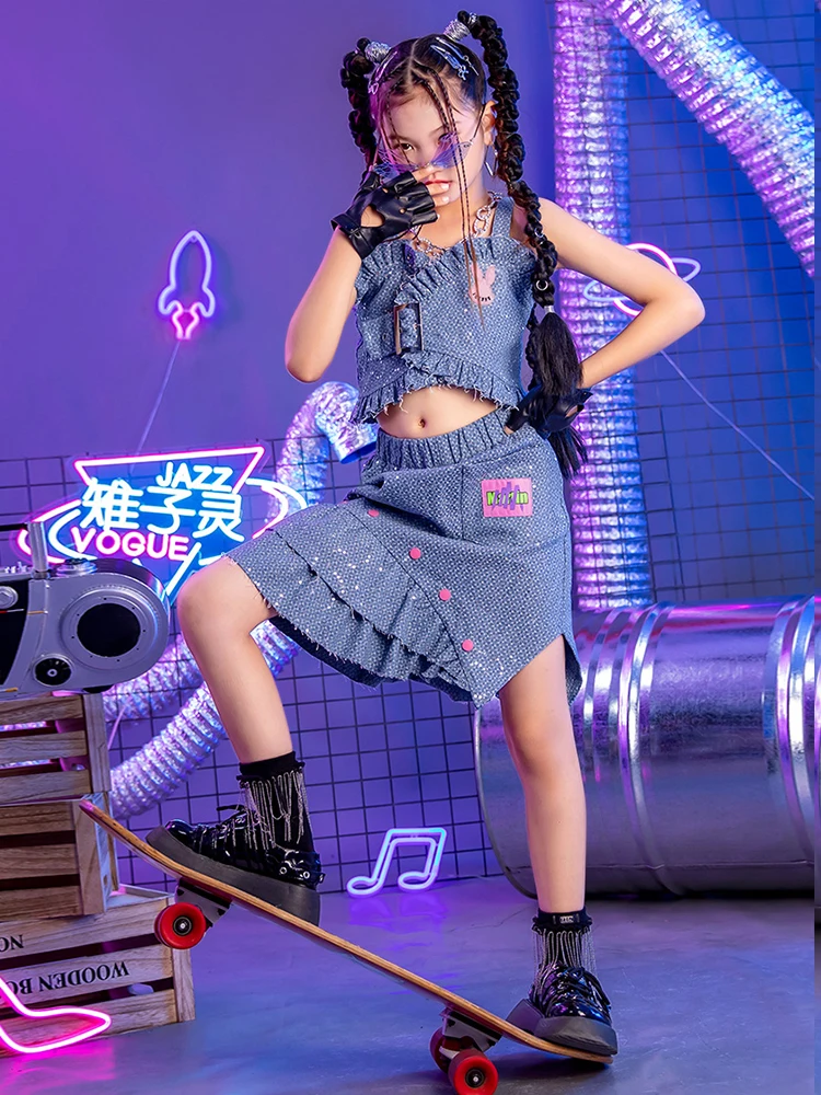 女の子のためのジャズダンスの衣装,子供のためのクールなステージショーの服,ヒップホップストリートダンスの服,K-POPステージの衣装,新しい,xh230,2024