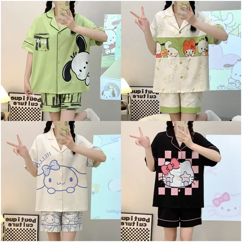 

Sanrios My Melody Girl Short Sleeve Shorts Cinnamoroll Pochacco Kuromi Anime Sweet Summer Pajamas Women Home Clothing Nightwear