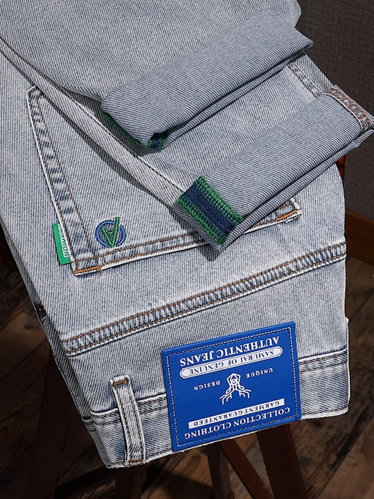 ツイル生地 ソフト 薄手 ジーンズ メンズ 刺繍入り プリント入り ストレッチ スモールストレート ライトカラー カジュアルパンツ