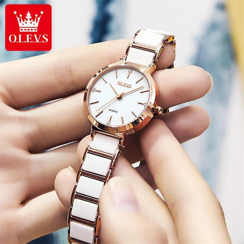 OLEVS 2025 New Women\'s Watches Black Ceramic Luxury Watch Women Fashion Female Wrist Watch For Gift Relogio Mujer 5877