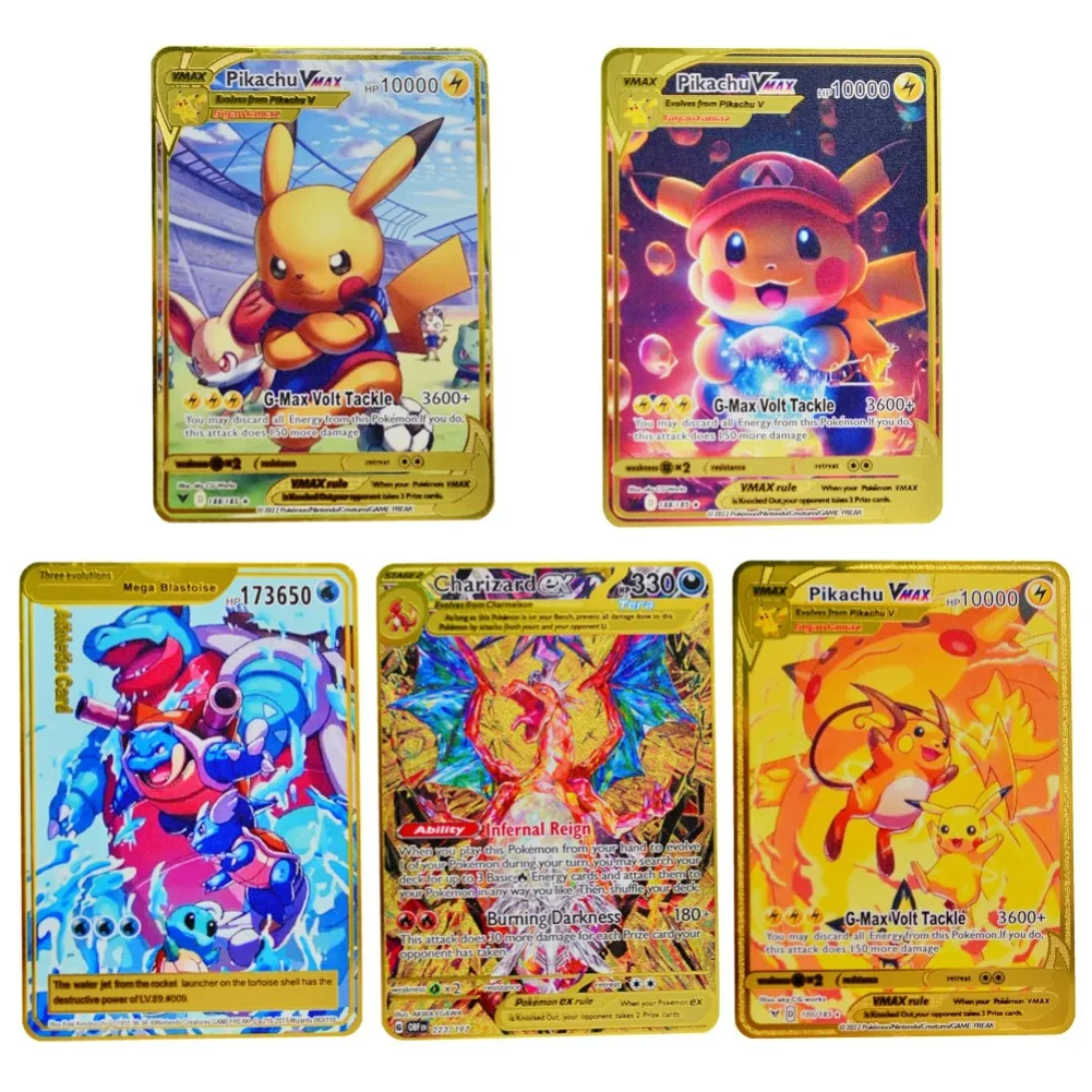 5 uds Pokemon tarjeta de Metal letras de Pokemon Mewtwo Vmax Charizard Vstar Pikachu tarjetas de hierro dorado juegos de Anime juguetes para niños regalos