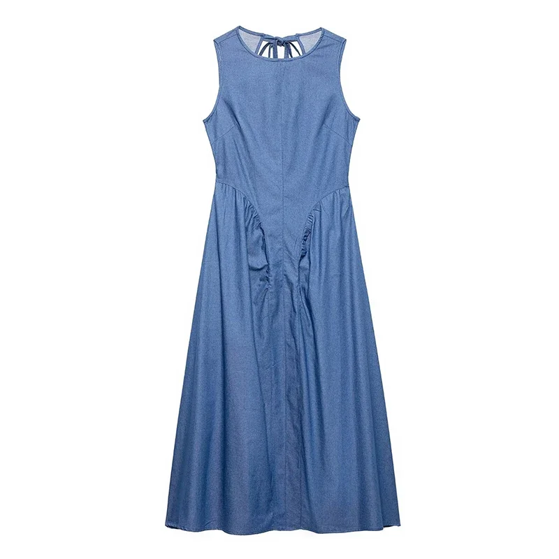 Mode Zurück Aushöhlen Plissee Lange Kleider für Frauen Oansatz Ärmelloses Kleid Vintage Weibliche Elegante Party Kleider