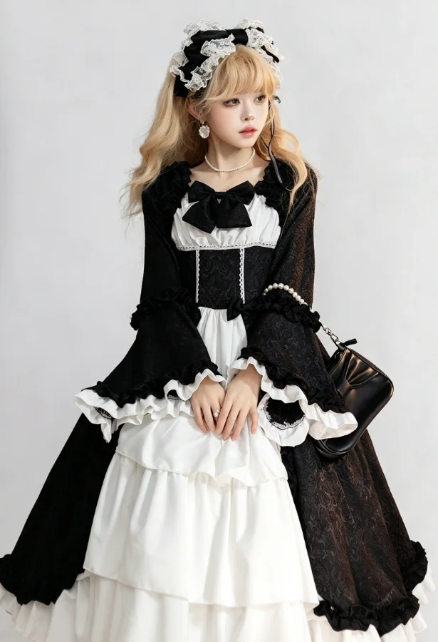 S-5XL Elegantes mittelalterliches Retro-Gothic-Hof-Lolita-Kleid, Ballkleid, quadratischer Ausschnitt, taillierte Passform, Schleife, Damen-Kostüm, Vestido-Kleid – Detail 4