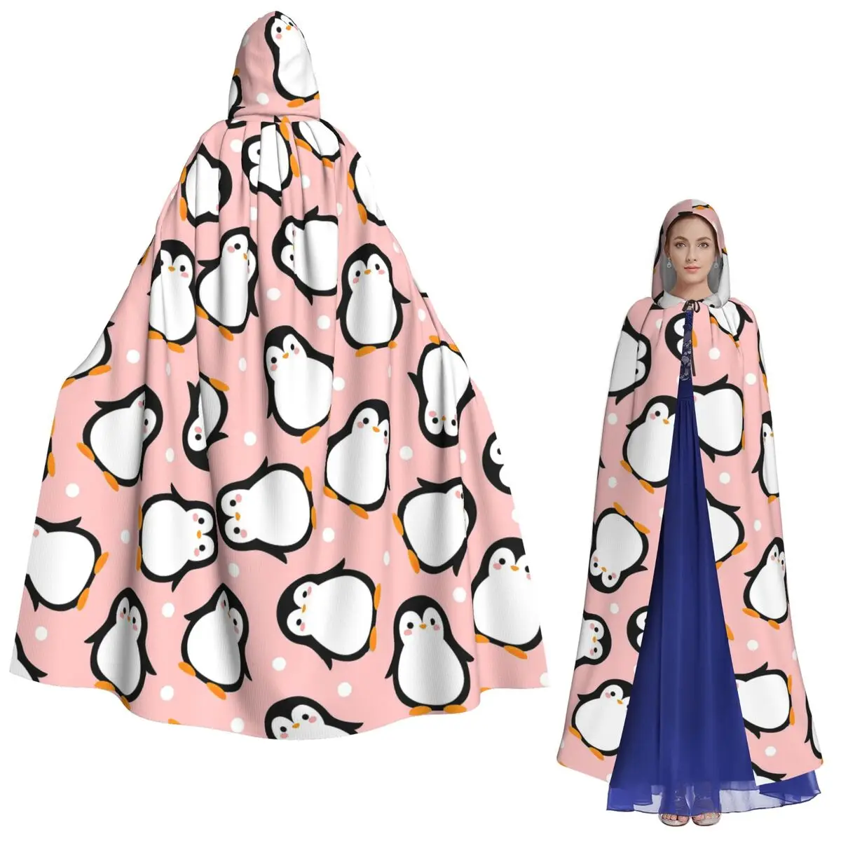 

Cute Penguin On Pink Long Hooded Cloak Witch Medieval Costume Cosplay Cape HalloweenCoat Adult Unisex