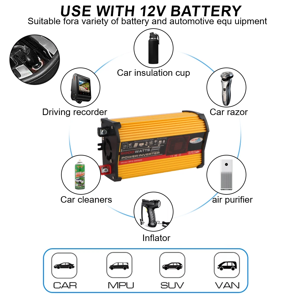 Universal Vehicle-Mounted Household AC Converter Car Power Invertor Car Accessories DC 12V To 220V 6000W Socket With 4.2A USB