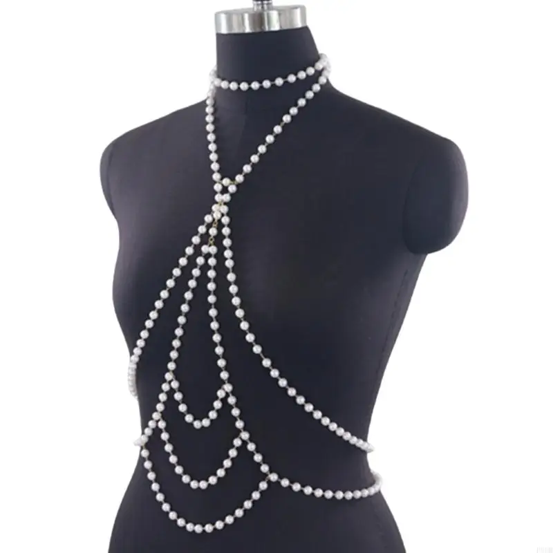 P8DB Pearl Body Chain Necklace for Women Adjustabl Pearl Shoulder Chain Fashion Pearl Body Chain Jewelry for Raves Party