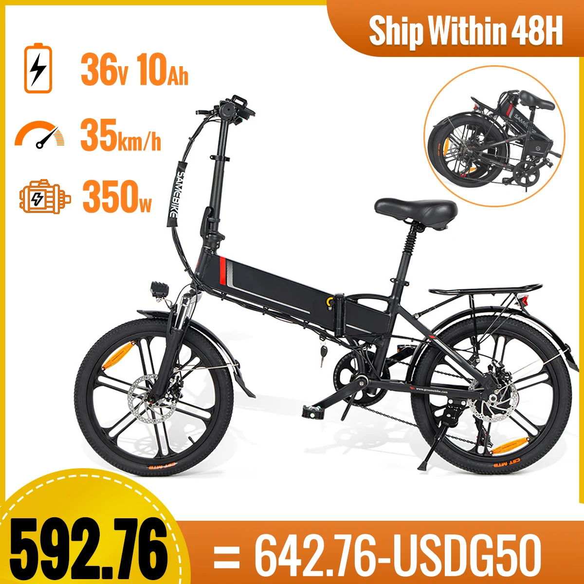 Electric Bike Foldable Electric Bicycle 350W Brushless Motor 20-inch Tires Ebike 35km/h  48V 10.4Ah Lithium Battery