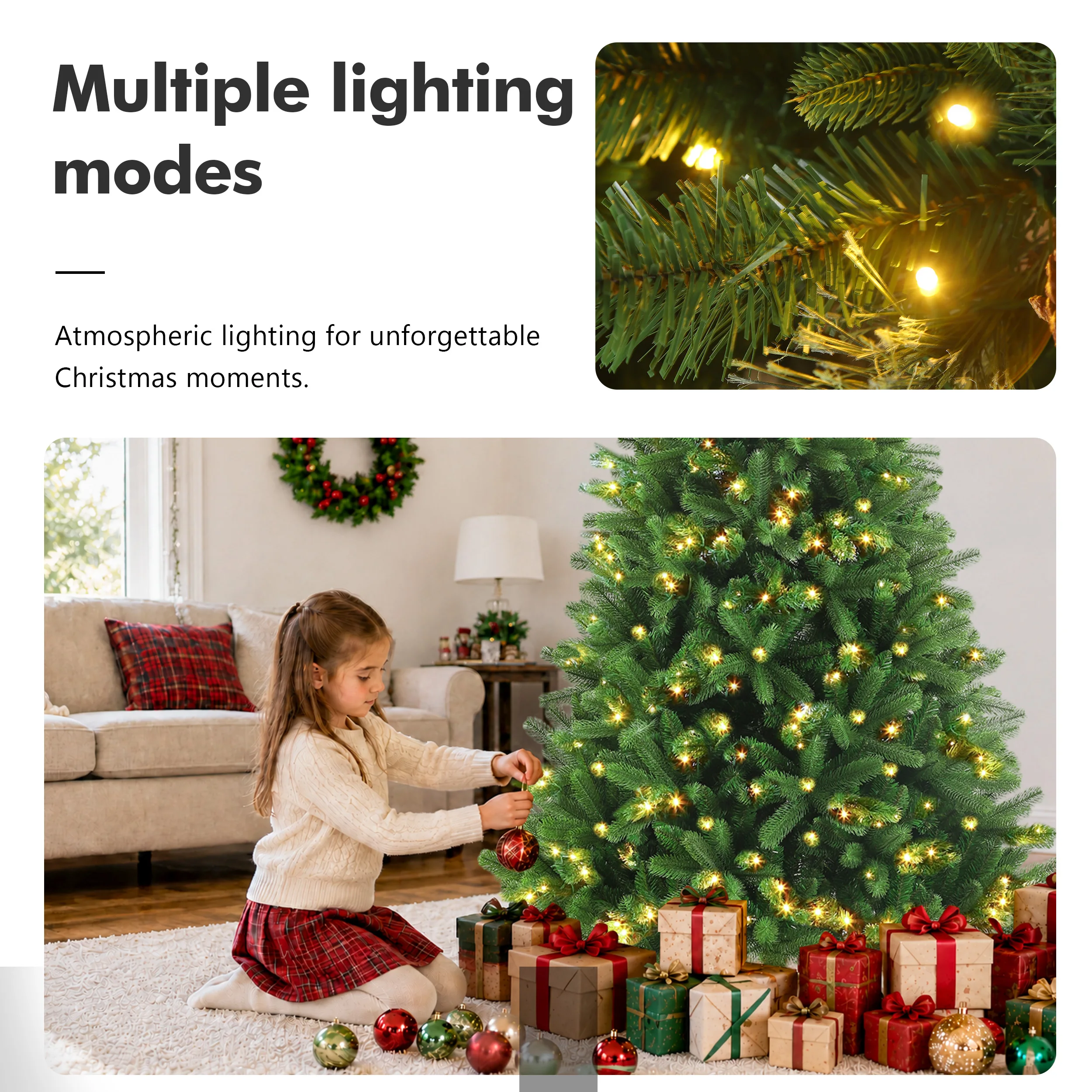 Vorgefertigter künstlicher Weihnachtsbaum mit gemischten PE- und PVC-Zweigen, warmweißes LED-Licht, flammhemmende, geruchlose Spitzen, Holzständer, 180/210/235 cm, vollständig wiederverwendbarer Weihnachtsbaum für Heim-, Büro- und Partydekoration. – Detail 3