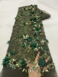 Wholesale 3D Leaves African Beaded Lace Fabric Nigerian Sequins Tulle Fabric for Wedding Dress French Luxury Beads, High Quality