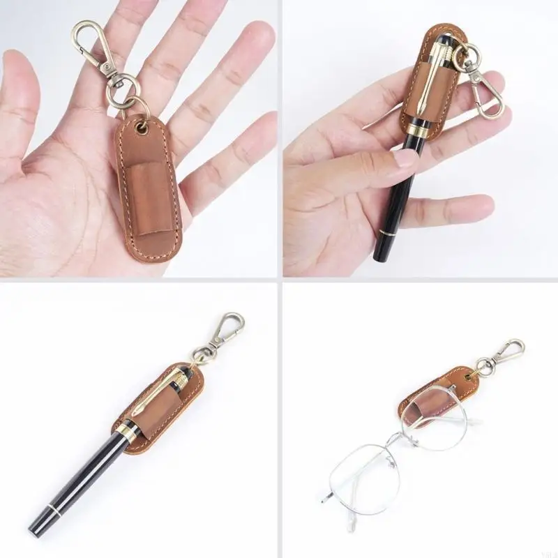 Y5LB Portable Pen Holder Neck Pen Holder with Keychain PU Leather Lanyard Pen Holder for Neck Lanyard