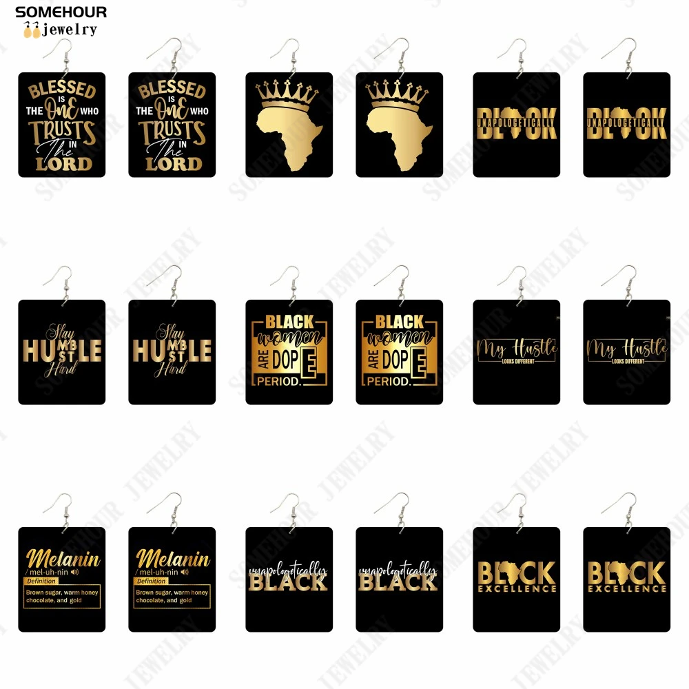 SOMEHOUR My Hustle Melanin Wooden Drop Earrings Golden Unpologetically Black Dope Arican Map Print Rectangle Dangle For Women