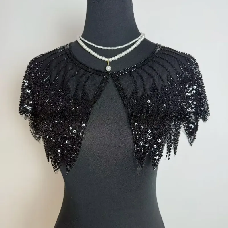 레트로 스타일 볼룸 이브닝 가운 액세서리 스팽글 숄 스팽글 비즈 자수 어깨에 걸치는 드레이프