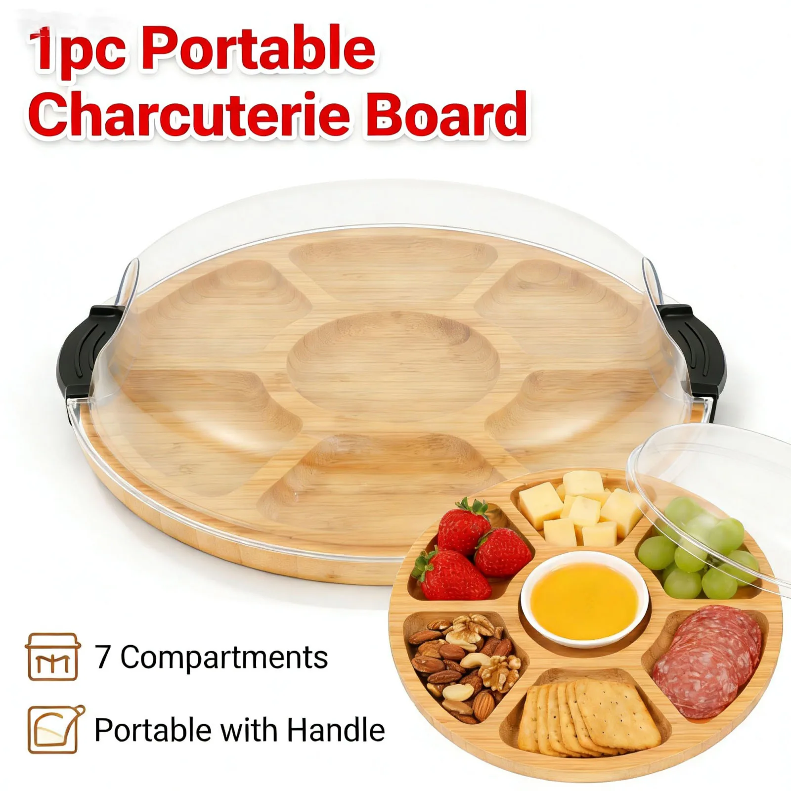 Charcuterie-Brett mit Deckelgriff, tragbare Käsebretter mit 7-Fächern, Bambus-Fleisch- und Obst-Serviertablett für Küchenpicknick