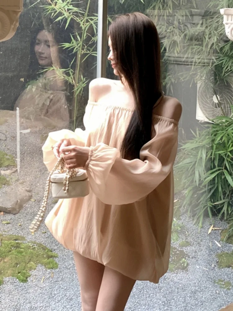 Kimotimo Fairy One Shoulder Party Dress Women Lantern Sleeve Loose Bud A-line Short Dresses French Gentle Temperament Vestidos