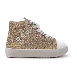 New Design Customized Baby Shoes Children Sport High top Casual Shoes Girls Star Fashion Golden Glitter Kids Sneakers 2024