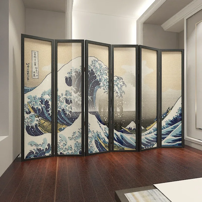 Japanese screen partition fashion living room hotel office solid wood folding simple wave fabric semi-transparent mobile folding