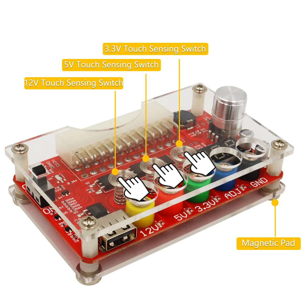ATX Power Supply Breakout Board and Acrylic Case Kit with ADJ Adjustable Voltage Knob and Touching Sensor Switch, Supports 3.3V,