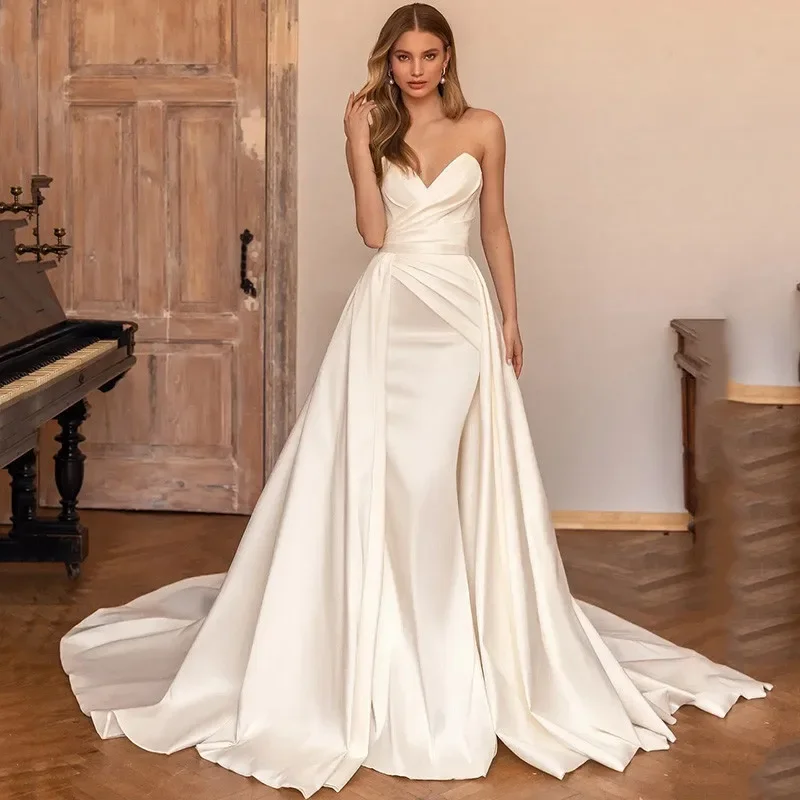 Elegant ivory detachble train wedding dresses mermaid satin church bride dress women wedding gowns Vestido de Noiva Sereia