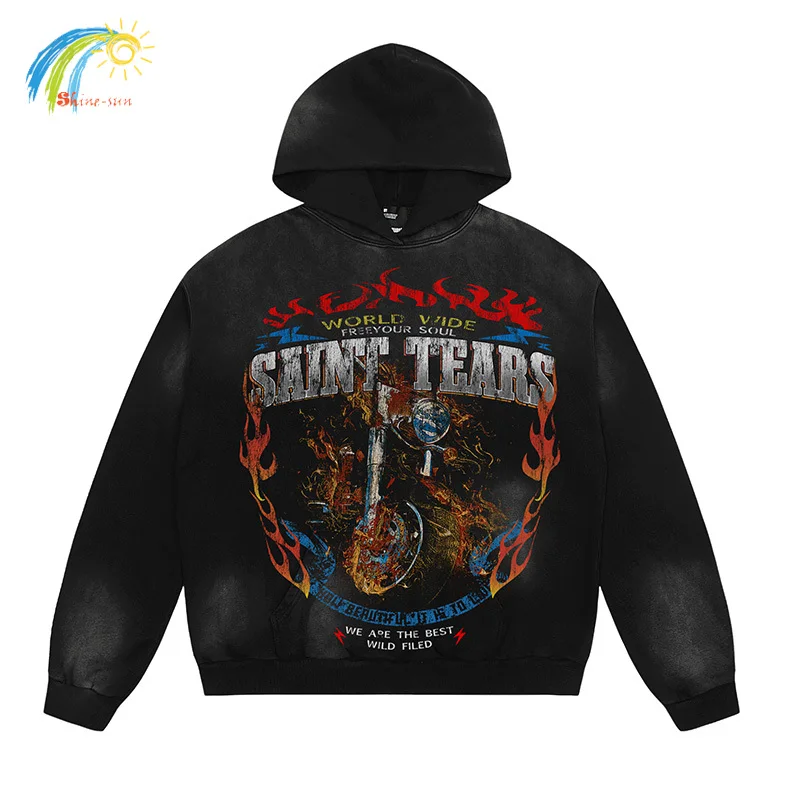 

Hip Hop Colorful Graphics Print Saint Tears Hoodie Men Women Best Quality 400GSM Vintage Washed Black Pullovers Sweatshirts