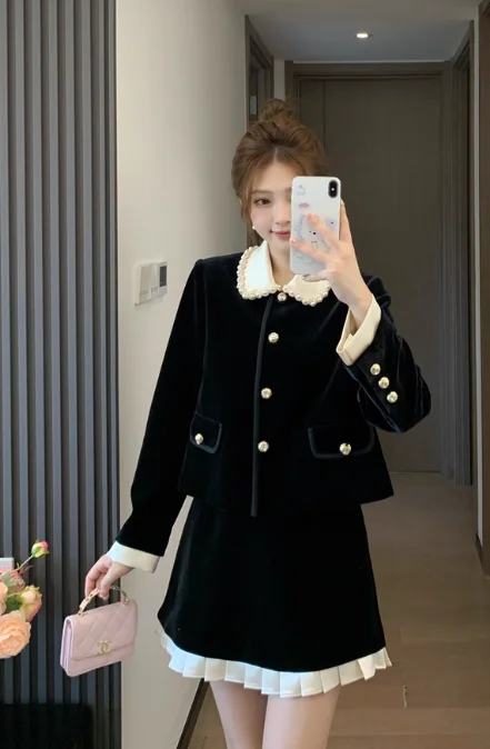 الربيع والخريف النمط الفرنسي سيدة الأسود مطرز التطريز دمية طوق المخملية سترة عالية الخصر ضئيلة تنورة قصيرة قطعتين مجموعة #2