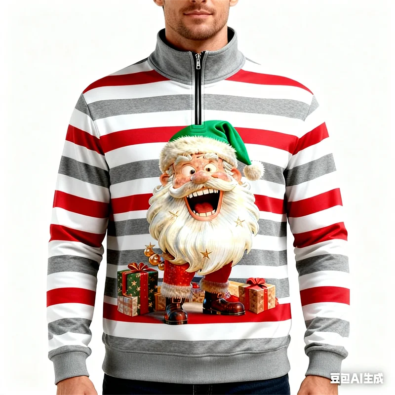 

Men's Half-zip Stand Collar Tops Fun Santa Claus 3D Printed Fashion Cool Clothing Apparel Daily Holiday Vacation Long Sleeve Top